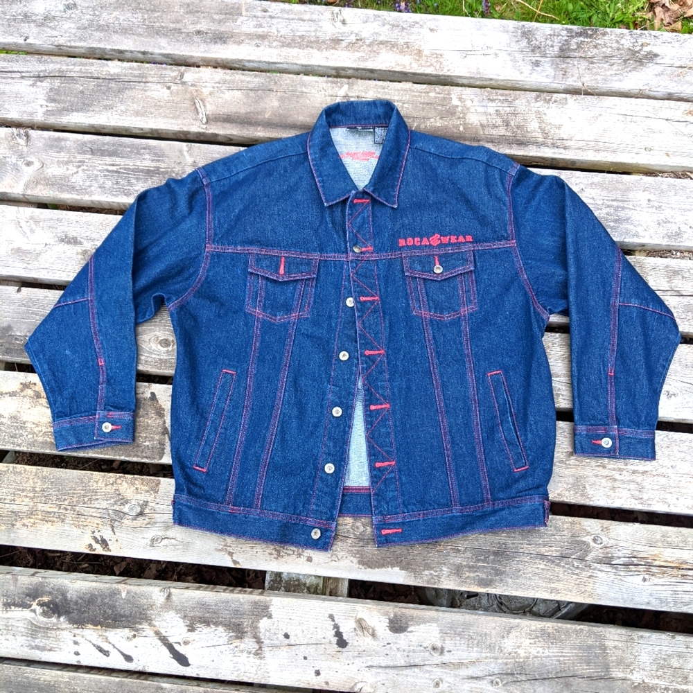 ROCAWEAR Rare denim jacket red threaded embroidered collared button up
